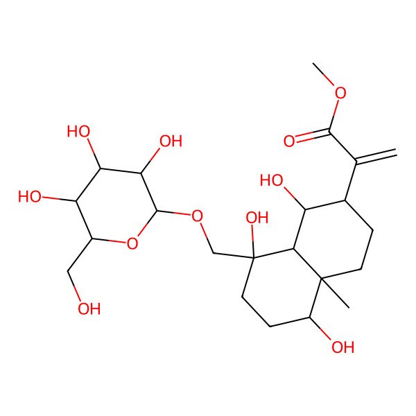 2D Structure of methyl 2-[(1S,2S,4aR,5R,8S,8aS)-1,5,8-trihydroxy-4a-methyl-8-[[(2R,3R,4S,5S,6R)-3,4,5-trihydroxy-6-(hydroxymethyl)oxan-2-yl]oxymethyl]-1,2,3,4,5,6,7,8a-octahydronaphthalen-2-yl]prop-2-enoate