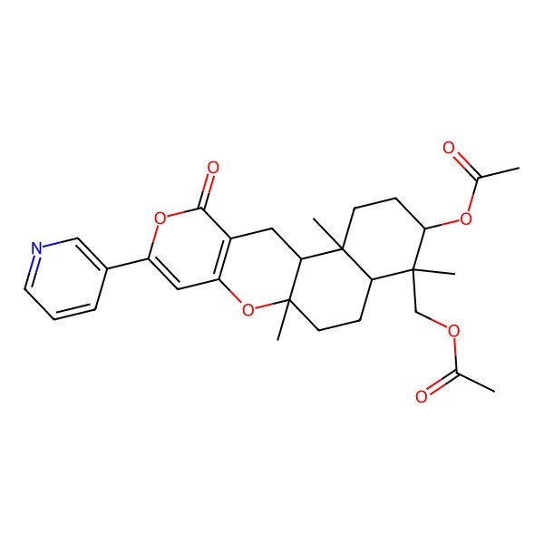 2D Structure of (5-Acetyloxy-2,6,10-trimethyl-16-oxo-14-pyridin-3-yl-11,15-dioxatetracyclo[8.8.0.02,7.012,17]octadeca-12(17),13-dien-6-yl)methyl acetate