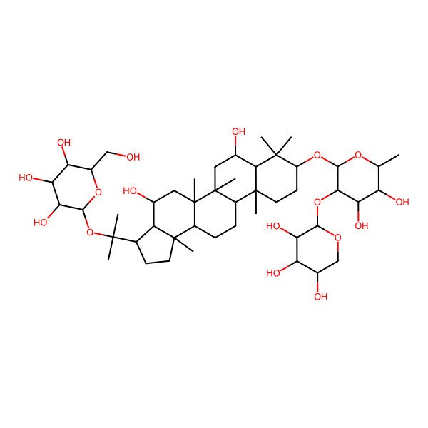 2D Structure of 2-[2-[9-[4,5-Dihydroxy-6-methyl-3-(3,4,5-trihydroxyoxan-2-yl)oxyoxan-2-yl]oxy-4,7-dihydroxy-5a,5b,8,8,11a,13b-hexamethyl-1,2,3,3a,4,5,6,7,7a,9,10,11,11b,12,13,13a-hexadecahydrocyclopenta[a]chrysen-3-yl]propan-2-yloxy]-6-(hydroxymethyl)oxane-3,4,5-triol