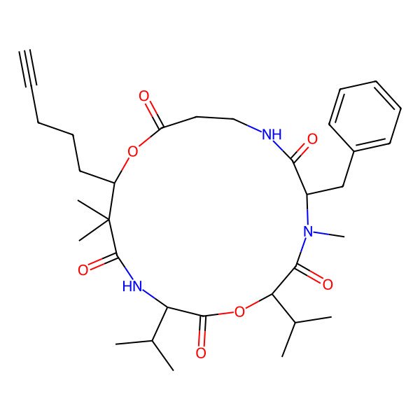 2D Structure of (2R,5R,12R,16S)-5-benzyl-4,13,13-trimethyl-12-pent-4-ynyl-2,16-di(propan-2-yl)-1,11-dioxa-4,7,15-triazacycloheptadecane-3,6,10,14,17-pentone
