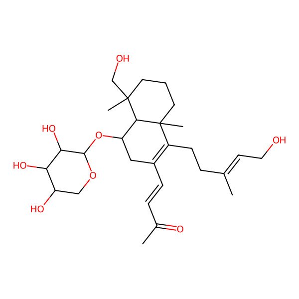 2D Structure of (E)-4-[(4S,4aS,5S,8aS)-5-(hydroxymethyl)-1-[(E)-5-hydroxy-3-methylpent-3-enyl]-5,8a-dimethyl-4-[(2S,3R,4S,5S)-3,4,5-trihydroxyoxan-2-yl]oxy-3,4,4a,6,7,8-hexahydronaphthalen-2-yl]but-3-en-2-one