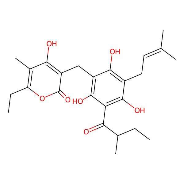 2D Structure of 6-ethyl-4-hydroxy-5-methyl-3-[[2,4,6-trihydroxy-3-[(2R)-2-methylbutanoyl]-5-(3-methylbut-2-enyl)phenyl]methyl]pyran-2-one