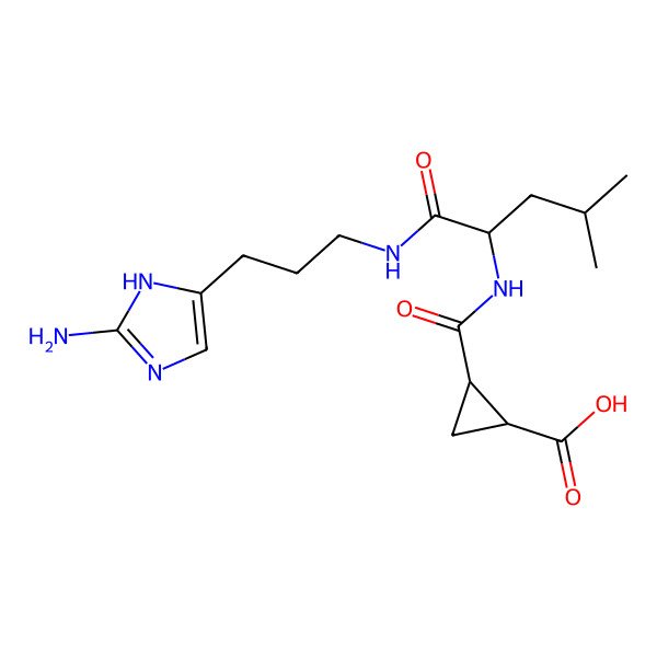2D Structure of 2-[[1-[3-(2-amino-1H-imidazol-5-yl)propylamino]-4-methyl-1-oxopentan-2-yl]carbamoyl]cyclopropane-1-carboxylic acid