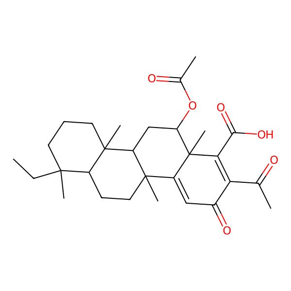 2D Structure of (4bR,6aS,7S,10aS,10bR,12S,12aS)-2-acetyl-12-acetyloxy-7-ethyl-4b,7,10a,12a-tetramethyl-3-oxo-6,6a,8,9,10,10b,11,12-octahydro-5H-chrysene-1-carboxylic acid