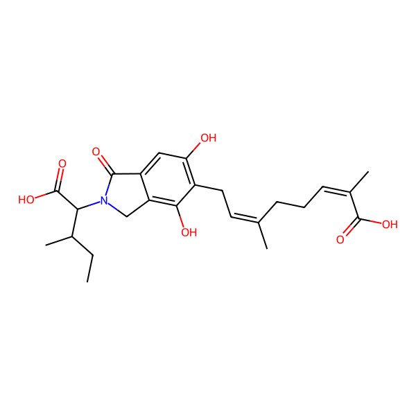 2D Structure of 8-[2-(1-carboxy-2-methylbutyl)-4,6-dihydroxy-1-oxo-3H-isoindol-5-yl]-2,6-dimethylocta-2,6-dienoic acid
