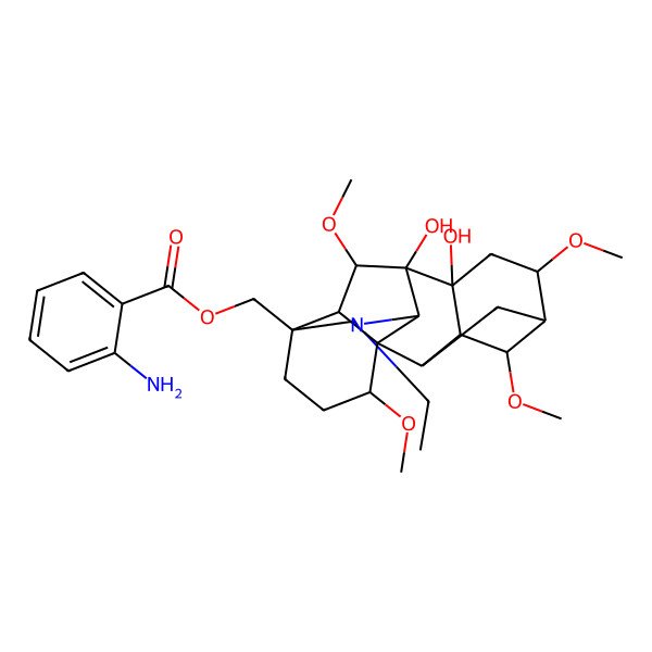 2D Structure of [(1S,4S,5R,6S,8R,9R,13S,16S,18S)-11-ethyl-8,9-dihydroxy-4,6,16,18-tetramethoxy-11-azahexacyclo[7.7.2.12,5.01,10.03,8.013,17]nonadecan-13-yl]methyl 2-aminobenzoate