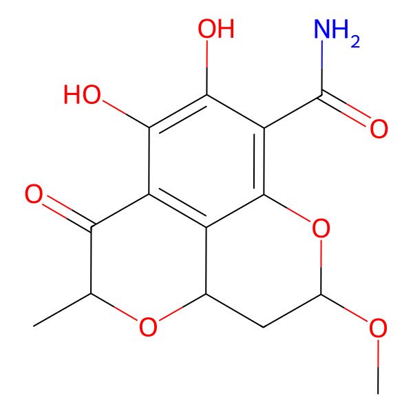 2D Structure of (3R,5S,7S)-10,11-dihydroxy-3-methoxy-7-methyl-8-oxo-2,6-dioxatricyclo[7.3.1.05,13]trideca-1(12),9(13),10-triene-12-carboxamide