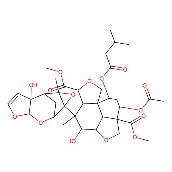 2D Structure of Dimethyl 12-acetyloxy-7-hydroxy-6-(2-hydroxy-11-methyl-5,7,10-trioxatetracyclo[6.3.1.02,6.09,11]dodec-3-en-9-yl)-6-methyl-14-(3-methylbutanoyloxy)-3,9-dioxatetracyclo[6.6.1.01,5.011,15]pentadecane-4,11-dicarboxylate