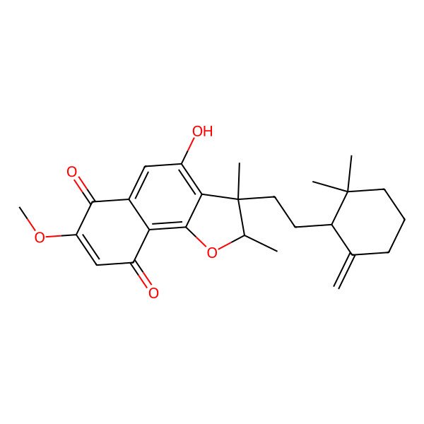 2D Structure of (2R,3R)-3-[2-(2,2-dimethyl-6-methylidenecyclohexyl)ethyl]-4-hydroxy-7-methoxy-2,3-dimethyl-2H-benzo[g][1]benzofuran-6,9-dione