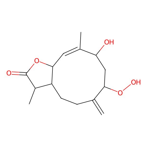 2D Structure of (3R,3aS,7R,9S,10Z,11aS)-7-hydroperoxy-9-hydroxy-3,10-dimethyl-6-methylidene-3,3a,4,5,7,8,9,11a-octahydrocyclodeca[b]furan-2-one