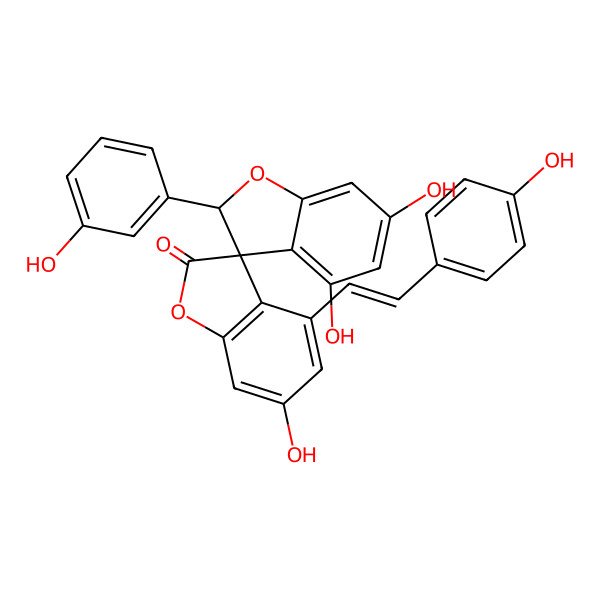 2D Structure of 4',6,6'-trihydroxy-2'-(3-hydroxyphenyl)-4-[2-(4-hydroxyphenyl)ethenyl]spiro[1-benzofuran-3,3'-2H-1-benzofuran]-2-one