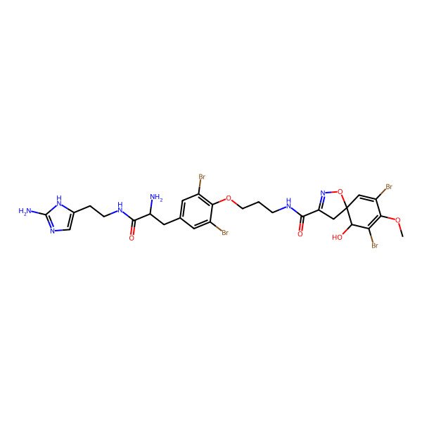 2D Structure of (5R,6S)-N-[3-[4-[(2S)-2-amino-3-[2-(2-amino-1H-imidazol-5-yl)ethylamino]-3-oxopropyl]-2,6-dibromophenoxy]propyl]-7,9-dibromo-6-hydroxy-8-methoxy-1-oxa-2-azaspiro[4.5]deca-2,7,9-triene-3-carboxamide
