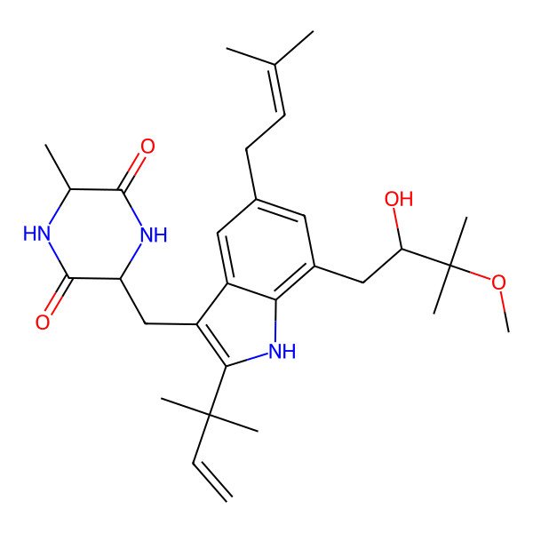 2D Structure of 3-[[7-(2-hydroxy-3-methoxy-3-methylbutyl)-2-(2-methylbut-3-en-2-yl)-5-(3-methylbut-2-enyl)-1H-indol-3-yl]methyl]-6-methylpiperazine-2,5-dione