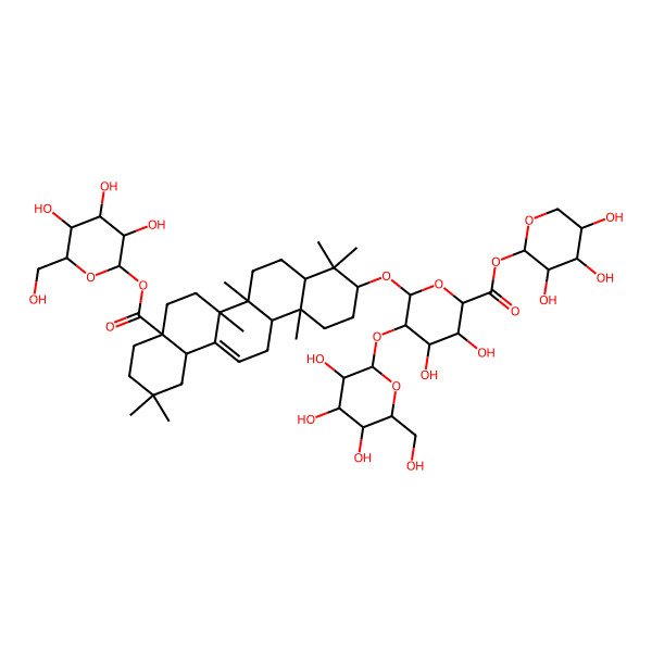 2D Structure of [(2S,3R,4S,5S)-3,4,5-trihydroxyoxan-2-yl] (2S,3S,4S,5R,6R)-6-[[(3S,4aR,6aR,6bS,8aS,12aS,14aR,14bR)-4,4,6a,6b,11,11,14b-heptamethyl-8a-[(2S,3R,4S,5S,6R)-3,4,5-trihydroxy-6-(hydroxymethyl)oxan-2-yl]oxycarbonyl-1,2,3,4a,5,6,7,8,9,10,12,12a,14,14a-tetradecahydropicen-3-yl]oxy]-3,4-dihydroxy-5-[(2S,3R,4S,5S,6R)-3,4,5-trihydroxy-6-(hydroxymethyl)oxan-2-yl]oxyoxane-2-carboxylate