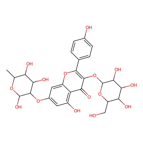2D Structure of 5-hydroxy-2-(4-hydroxyphenyl)-3-[(2R,3S,4R,5R,6S)-3,4,5-trihydroxy-6-(hydroxymethyl)oxan-2-yl]oxy-7-[(2R,3R,4S,5S,6R)-2,4,5-trihydroxy-6-methyloxan-3-yl]oxychromen-4-one