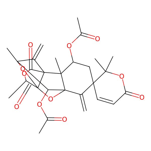 2D Structure of (8-Acetyloxy-2,2',2',9,13-pentamethyl-6,16-dimethylidene-6',11,15-trioxospiro[10,14,17-trioxapentacyclo[7.6.1.17,12.01,12.02,7]heptadecane-5,3'-pyran]-3-yl) acetate