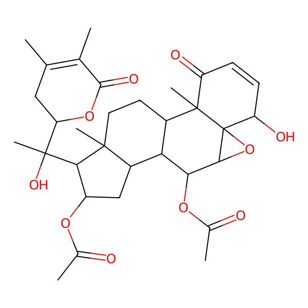 2D Structure of [10-Acetyloxy-15-[1-(4,5-dimethyl-6-oxo-2,3-dihydropyran-2-yl)-1-hydroxyethyl]-6-hydroxy-2,16-dimethyl-3-oxo-8-oxapentacyclo[9.7.0.02,7.07,9.012,16]octadec-4-en-14-yl] acetate
