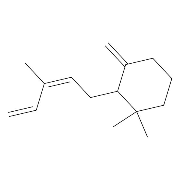 2D Structure of (2R)-1,1-dimethyl-3-methylidene-2-[(2E)-3-methylpenta-2,4-dienyl]cyclohexane