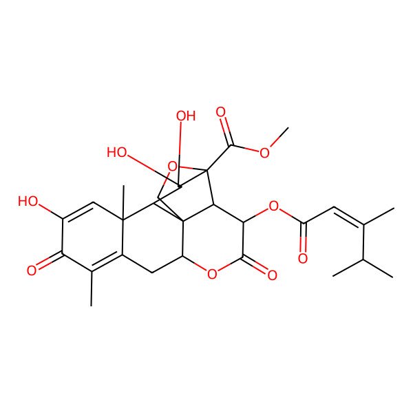 2D Structure of methyl (1R,2S,3R,6R,13S,14R,15R,16S,17S)-3-[(E)-3,4-dimethylpent-2-enoyl]oxy-11,15,16-trihydroxy-9,13-dimethyl-4,10-dioxo-5,18-dioxapentacyclo[12.5.0.01,6.02,17.08,13]nonadeca-8,11-diene-17-carboxylate