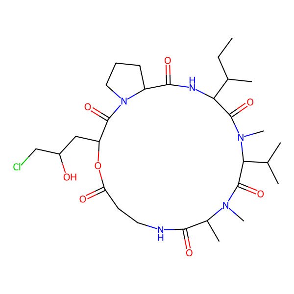 2D Structure of (10S,13S,16S,19S)-16-[(2S)-butan-2-yl]-3-(3-chloro-2-hydroxypropyl)-10,11,14-trimethyl-13-propan-2-yl-4-oxa-1,8,11,14,17-pentazabicyclo[17.3.0]docosane-2,5,9,12,15,18-hexone