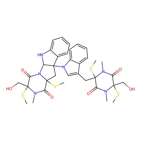 2D Structure of (1R,4S,7S,9S)-4-(hydroxymethyl)-9-[3-[[(2S,5S)-5-(hydroxymethyl)-1,4-dimethyl-2,5-bis(methylsulfanyl)-3,6-dioxopiperazin-2-yl]methyl]indol-1-yl]-5-methyl-4,7-bis(methylsulfanyl)-2,5,16-triazatetracyclo[7.7.0.02,7.010,15]hexadeca-10,12,14-triene-3,6-dione