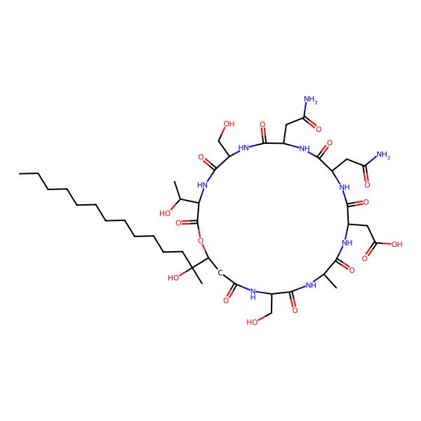 2D Structure of 2-[9,12-Bis(2-amino-2-oxoethyl)-3-(1-hydroxyethyl)-6,21-bis(hydroxymethyl)-25-(2-hydroxytetradecan-2-yl)-18-methyl-2,5,8,11,14,17,20,23-octaoxo-1-oxa-4,7,10,13,16,19,22-heptazacyclopentacos-15-yl]acetic acid