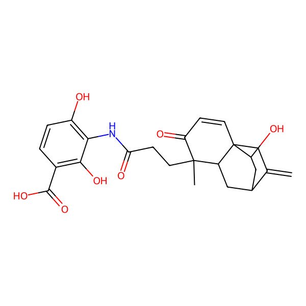 2D Structure of 2,4-dihydroxy-3-[3-[(1R,5S,6S,8R,11R)-11-hydroxy-5-methyl-9-methylidene-4-oxo-5-tricyclo[6.2.2.01,6]dodec-2-enyl]propanoylamino]benzoic acid