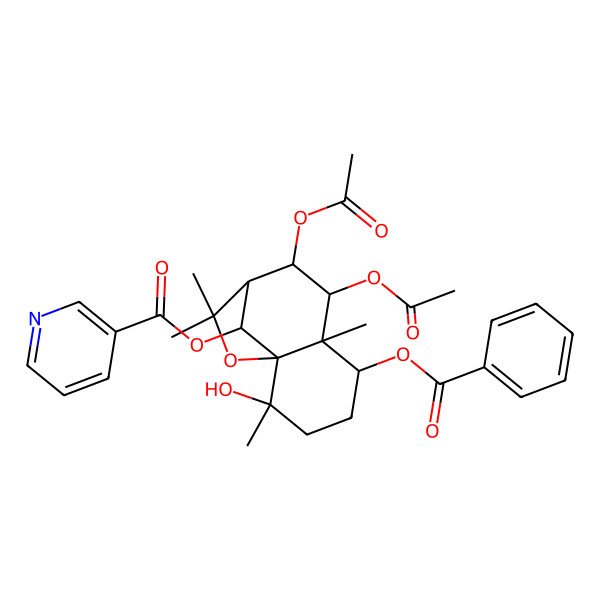 2D Structure of (7,8-Diacetyloxy-5-benzoyloxy-2-hydroxy-2,6,10,10-tetramethyl-11-oxatricyclo[7.2.1.01,6]dodecan-12-yl) pyridine-3-carboxylate
