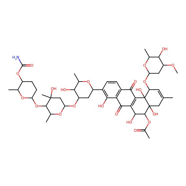 2D Structure of [9-[4-[5-(5-Carbamoyloxy-6-methyloxan-2-yl)oxy-4-hydroxy-4,6-dimethyloxan-2-yl]oxy-5-hydroxy-6-methyloxan-2-yl]-4a,6,8,12b-tetrahydroxy-1-(5-hydroxy-4-methoxy-6-methyloxan-2-yl)oxy-3-methyl-7,12-dioxo-1,4,5,6-tetrahydrobenzo[a]anthracen-5-yl] acetate