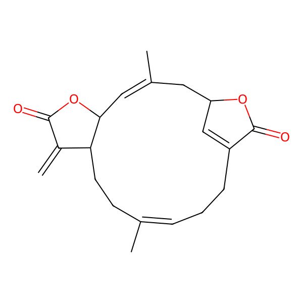 2D Structure of (1S,3E,5S,9S,12E)-3,12-dimethyl-8-methylidene-6,18-dioxatricyclo[14.2.1.05,9]nonadeca-3,12,16(19)-triene-7,17-dione
