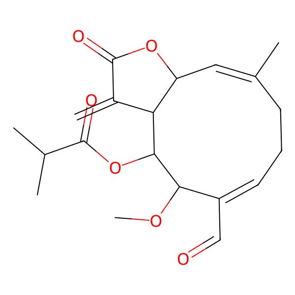 2D Structure of [(3aS,4S,5S,6E,10Z,11aR)-6-formyl-5-methoxy-10-methyl-3-methylidene-2-oxo-3a,4,5,8,9,11a-hexahydrocyclodeca[b]furan-4-yl] 2-methylpropanoate