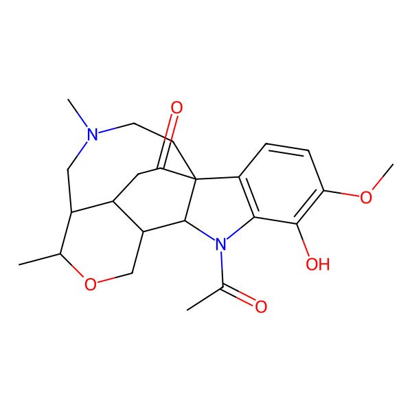 2D Structure of (1S,9S,10R,13R,14S,21R)-8-acetyl-6-hydroxy-5-methoxy-13,16-dimethyl-12-oxa-8,16-diazapentacyclo[8.8.3.01,9.02,7.014,21]henicosa-2(7),3,5-trien-19-one