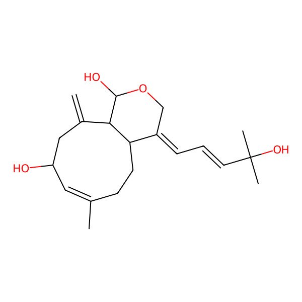 2D Structure of (1S,4E,4aR,7E,9R,11aR)-4-[(E)-4-hydroxy-4-methylpent-2-enylidene]-7-methyl-11-methylidene-4a,5,6,9,10,11a-hexahydro-1H-cyclonona[c]pyran-1,9-diol