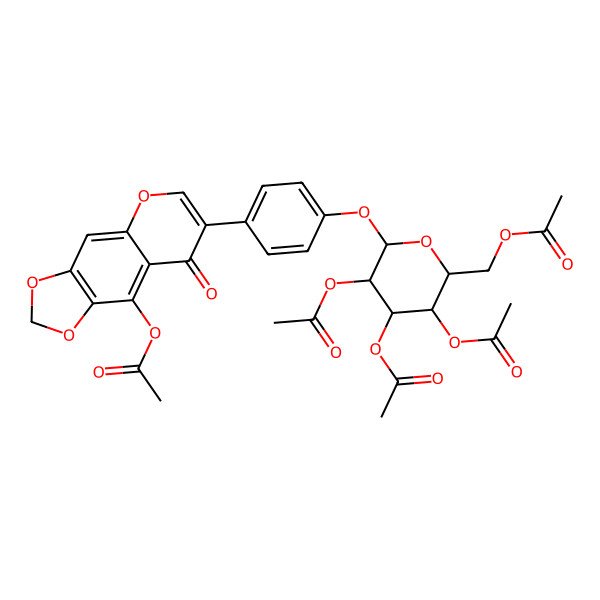2D Structure of [(2S,3S,4R,5S,6R)-3,4,5-triacetyloxy-6-[4-(9-acetyloxy-8-oxo-[1,3]dioxolo[4,5-g]chromen-7-yl)phenoxy]oxan-2-yl]methyl acetate