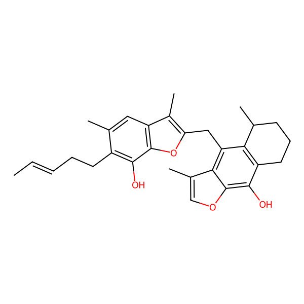 2D Structure of (5R)-4-[[7-hydroxy-3,5-dimethyl-6-[(E)-pent-3-enyl]-1-benzofuran-2-yl]methyl]-3,5-dimethyl-5,6,7,8-tetrahydrobenzo[f][1]benzofuran-9-ol