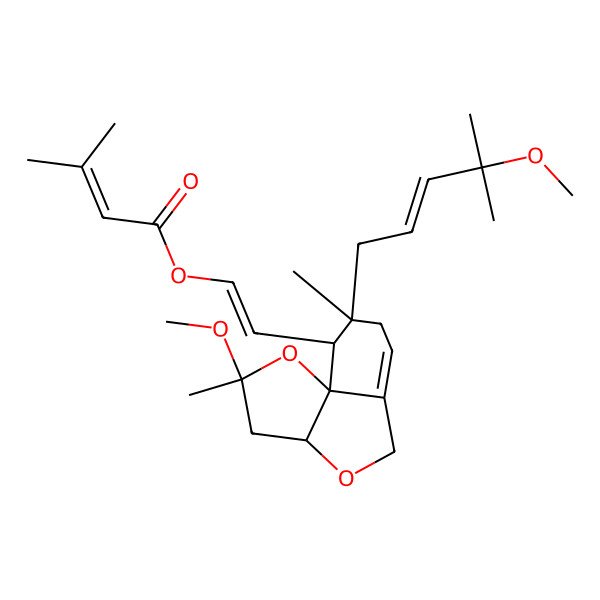 2D Structure of 2-[2-methoxy-8-(4-methoxy-4-methylpent-2-enyl)-2,8-dimethyl-3a,5,7,9-tetrahydro-3H-furo[2,3-i][2]benzofuran-9-yl]ethenyl 3-methylbut-2-enoate