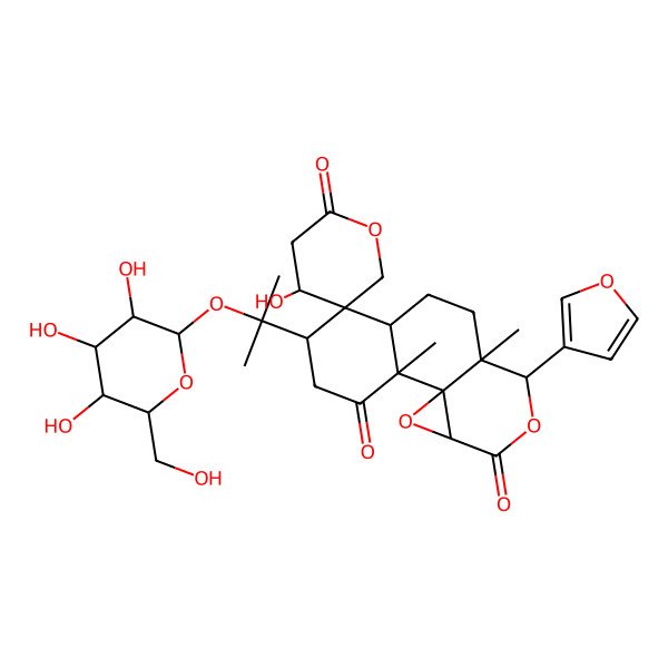 2D Structure of 11-(Furan-3-yl)-4'-hydroxy-2,10-dimethyl-5-[2-[3,4,5-trihydroxy-6-(hydroxymethyl)oxan-2-yl]oxypropan-2-yl]spiro[12,15-dioxatetracyclo[8.5.0.01,14.02,7]pentadecane-6,5'-oxane]-2',3,13-trione