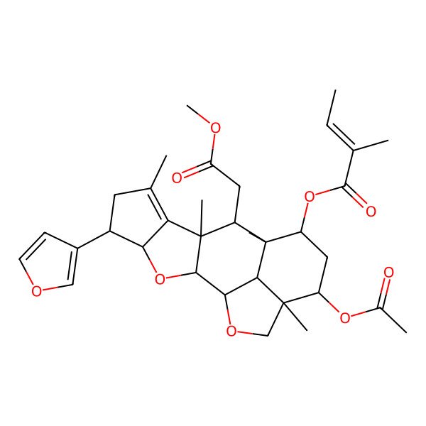 2D Structure of [(1R,2S,4R,5R,9R,10R,11R,12S,14R,15R,18R)-14-acetyloxy-5-(furan-3-yl)-10-(2-methoxy-2-oxoethyl)-7,9,11,15-tetramethyl-3,17-dioxapentacyclo[9.6.1.02,9.04,8.015,18]octadec-7-en-12-yl] (E)-2-methylbut-2-enoate