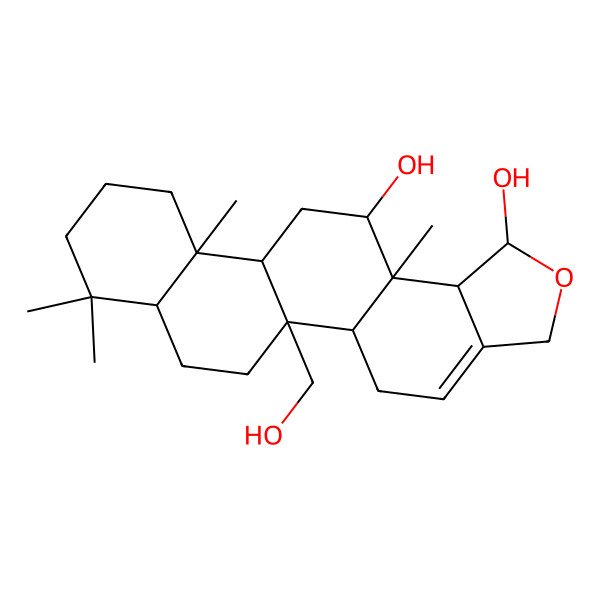 2D Structure of (1R,5bS,11aS,13R,13aS,13bS)-5b-(hydroxymethyl)-8,8,11a,13a-tetramethyl-1,3,5,5a,5b,6,7,7a,8,9,10,11,11a,11b,12,13,13a,13b-octadecahydrochryseno[2,1-c]furan-1,13-diol