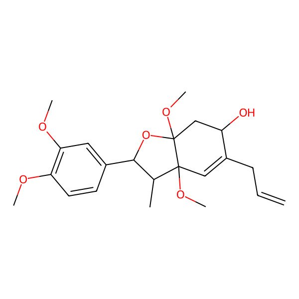 2D Structure of (2S,3R,3aS,6S,7aR)-2-(3,4-dimethoxyphenyl)-3a,7a-dimethoxy-3-methyl-5-prop-2-enyl-2,3,6,7-tetrahydro-1-benzofuran-6-ol 2D Structure of (2S,3R,3aS,6S,7aR)-2-(3,4-dimethoxyphenyl)-3a,7a-dimethoxy-3-methyl-5-prop-2-enyl-2,3,6,7-tetrahydro-1-benzofuran-6-ol