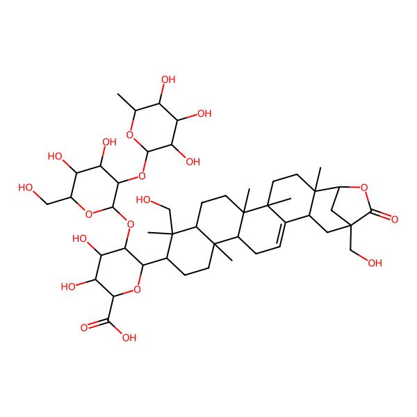 2D Structure of (2S,3S,4S,5R,6S)-6-[(1R,2R,5S,6R,9R,10R,11S,14R,15R,19S,21R)-10,21-bis(hydroxymethyl)-2,5,6,10,14-pentamethyl-22-oxo-23-oxahexacyclo[19.2.1.02,19.05,18.06,15.09,14]tetracos-17-en-11-yl]-5-[(2S,3R,4S,5R,6R)-4,5-dihydroxy-6-(hydroxymethyl)-3-[(2S,3R,4R,5R,6S)-3,4,5-trihydroxy-6-methyloxan-2-yl]oxyoxan-2-yl]oxy-3,4-dihydroxyoxane-2-carboxylic acid