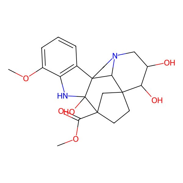 2D Structure of methyl (1R,9R,10R,13S,14R,15R,20S)-9,14,15-trihydroxy-6-methoxy-8,17-diazahexacyclo[11.6.1.110,13.01,9.02,7.017,20]henicosa-2(7),3,5-triene-10-carboxylate