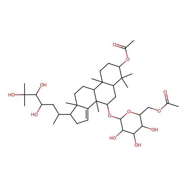 2D Structure of [(2R,3S,4S,5R,6R)-6-[[(3R,5R,7R,8R,9R,10S,13S,17S)-3-acetyloxy-4,4,8,10,13-pentamethyl-17-[(2S,4R,5S)-4,5,6-trihydroxy-6-methylheptan-2-yl]-2,3,5,6,7,9,11,12,16,17-decahydro-1H-cyclopenta[a]phenanthren-7-yl]oxy]-3,4,5-trihydroxyoxan-2-yl]methyl acetate