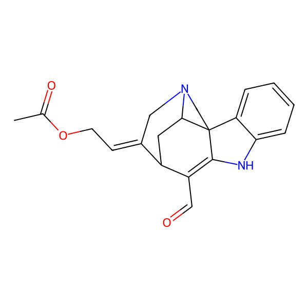 2D Structure of 2-(10-Formyl-8,14-diazapentacyclo[9.5.2.01,9.02,7.014,17]octadeca-2,4,6,9-tetraen-12-ylidene)ethyl acetate
