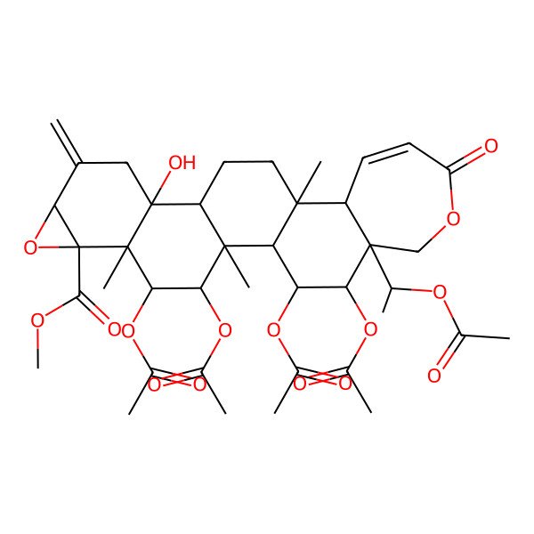 2D Structure of Methyl 3,4,23,24-tetraacetyloxy-22-(1-acetyloxyethyl)-11-hydroxy-2,5,15-trimethyl-9-methylidene-19-oxo-7,20-dioxahexacyclo[13.9.0.02,12.05,11.06,8.016,22]tetracos-17-ene-6-carboxylate
