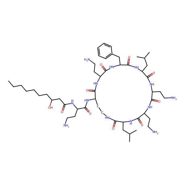 2D Structure of N-[4-amino-1-oxo-1-[[6,9,18-tris(2-aminoethyl)-15-benzyl-3,12-bis(2-methylpropyl)-2,5,8,11,14,17,20-heptaoxo-1,4,7,10,13,16,19-heptazacyclotricos-21-yl]amino]butan-2-yl]-3-hydroxydecanamide