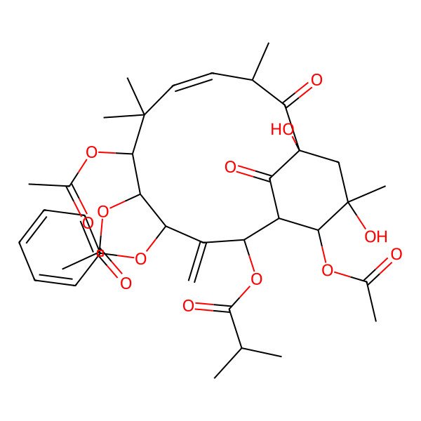 2D Structure of [(1S,2R,4S,5R,6S,8E,10S,12S,14R,15R)-5,6,15-triacetyloxy-12,14-dihydroxy-7,7,10,14-tetramethyl-3-methylidene-11,16-dioxo-4-phenoxy-2-bicyclo[10.3.1]hexadec-8-enyl] 2-methylpropanoate