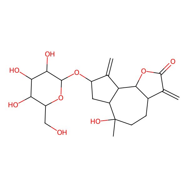 2D Structure of (3aS,6R,6aS,8R,9aR,9bR)-6-hydroxy-6-methyl-3,9-dimethylidene-8-[(2R,3R,4S,5S,6R)-3,4,5-trihydroxy-6-(hydroxymethyl)oxan-2-yl]oxy-3a,4,5,6a,7,8,9a,9b-octahydroazuleno[4,5-b]furan-2-one