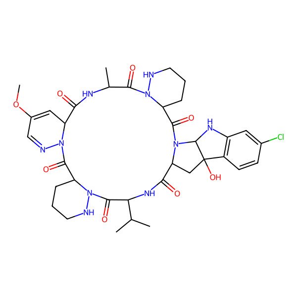 2D Structure of 36-Chloro-32-hydroxy-15-methoxy-10-methyl-27-propan-2-yl-1,7,8,11,17,18,24,25,28,39-decazaheptacyclo[28.10.0.03,8.013,18.020,25.032,40.033,38]tetraconta-14,16,33(38),34,36-pentaene-2,9,12,19,26,29-hexone