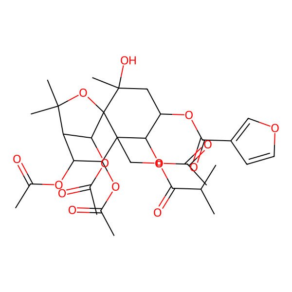 2D Structure of [(1R,2R,4R,5S,6R,7S,8S,9S,12S)-5,7,8,12-tetraacetyloxy-2-hydroxy-2,10,10-trimethyl-6-(2-methylpropanoyloxymethyl)-11-oxatricyclo[7.2.1.01,6]dodecan-4-yl] furan-3-carboxylate